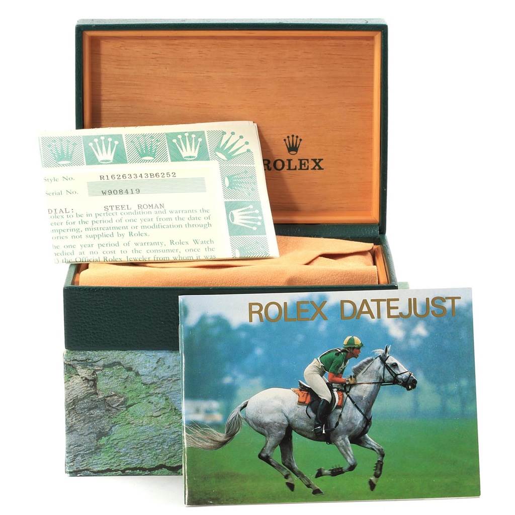 The image shows the open box and warranty papers of a Rolex Turn-o-Graph 16263 Men's Steel and Gold (two tone) Grey Dial 16263 Men's Steel and Gold (two tone) Grey Dial watch model, with the Rolex logo inside the box lid.