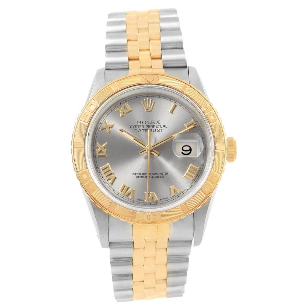 The image shows a front view of the Rolex Turn-o-Graph 16263 Men's Steel and Gold (two tone) Grey Dial 16263 Men's Steel and Gold (two tone) Grey Dial watch, highlighting its dial, bezel, and bracelet.