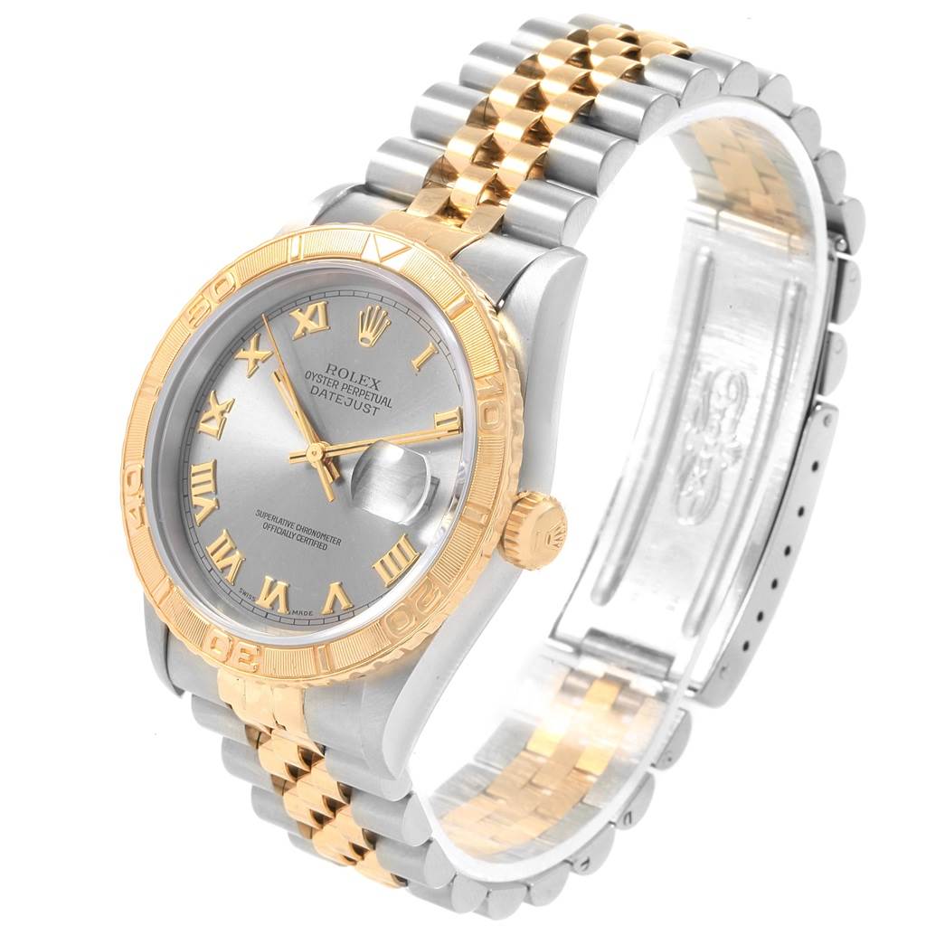 This image shows a Rolex Turn-o-Graph 16263 Men's Steel and Gold (two tone) Grey Dial 16263 Men's Steel and Gold (two tone) Grey Dial watch at an angle, highlighting the dial, bezel, and two-tone bracelet.