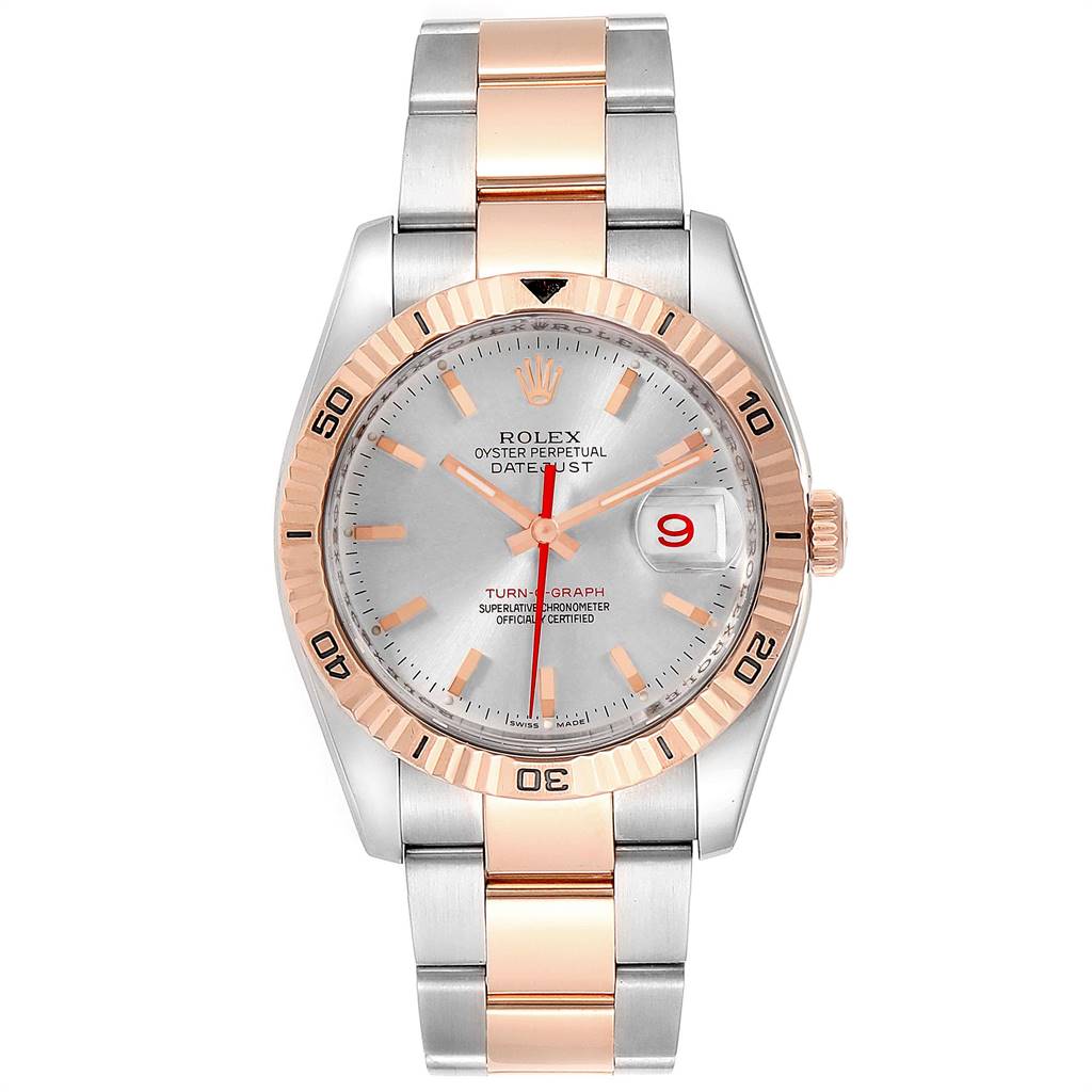 The Rolex Turn-o-Graph 116261 Men
s Stainless Steel Silver Dial 116261 Men
s Stainless Steel Silver Dial watch is shown from a top-down angle, displaying the face, bezel, and bracelet.