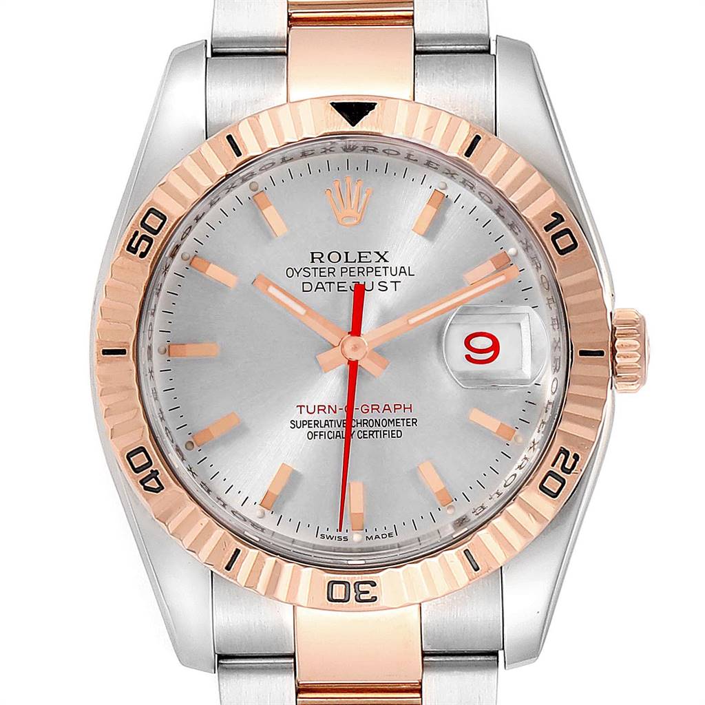 The image shows a front view of a Rolex Turn-o-Graph 116261 Men
s Stainless Steel Silver Dial 116261 Men
s Stainless Steel Silver Dial watch, displaying the face, bezel, and part of the bracelet.