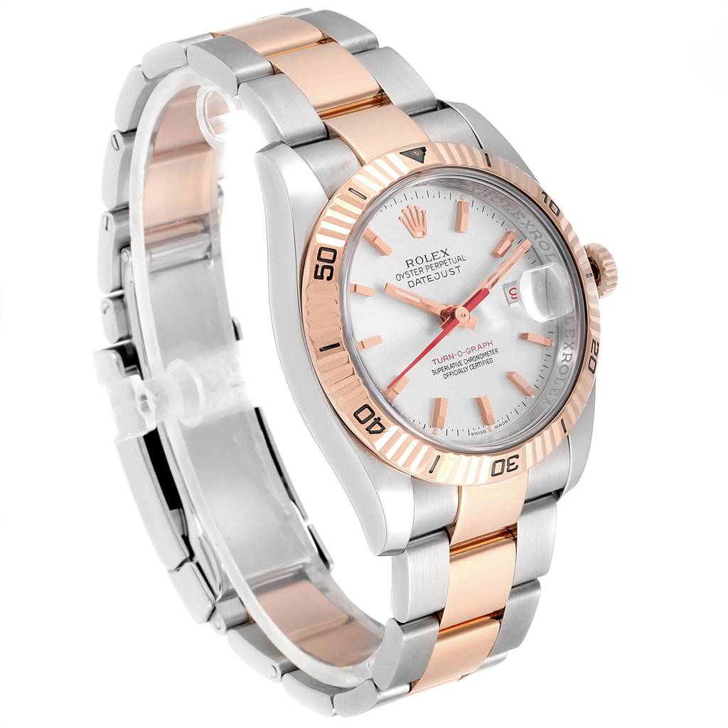 The image shows a Rolex Turn-o-Graph 116261 Men
s Stainless Steel Silver Dial 116261 Men
s Stainless Steel Silver Dial watch at an angled side view, highlighting the bezel, dial, crown, and bracelet.