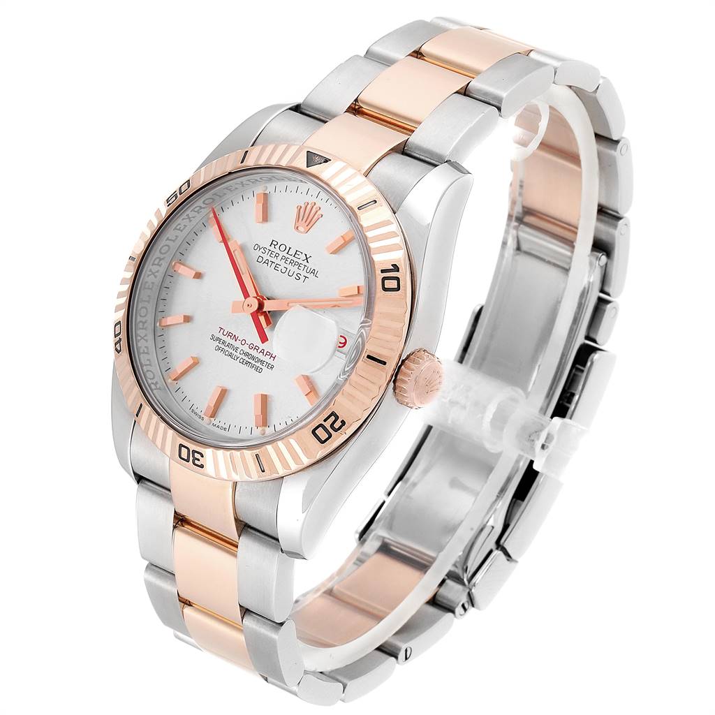 The image shows a Rolex Turn-o-Graph 116261 Men
s Stainless Steel Silver Dial 116261 Men
s Stainless Steel Silver Dial watch at an angled view, highlighting its dial, bezel, crown, and bracelet.