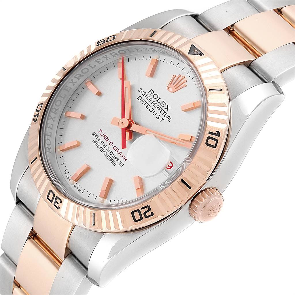 The image shows a close-up angle of a Rolex Turn-o-Graph 116261 Men
s Stainless Steel Silver Dial 116261 Men
s Stainless Steel Silver Dial watch, highlighting its dial, bezel, hands, bracelet, and crown.