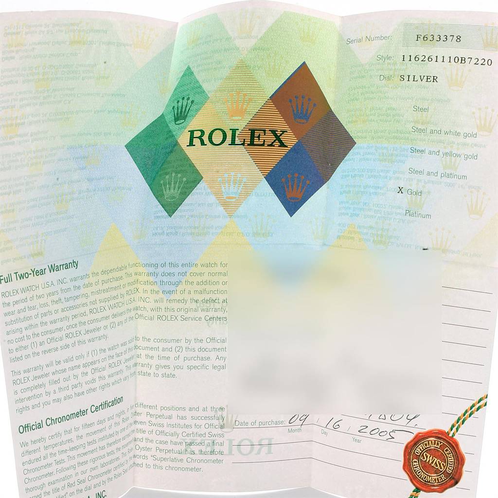 The image shows a warranty card and certification documents for a Rolex Turn-o-Graph 116261 Men
s Stainless Steel Silver Dial 116261 Men
s Stainless Steel Silver Dial watch.