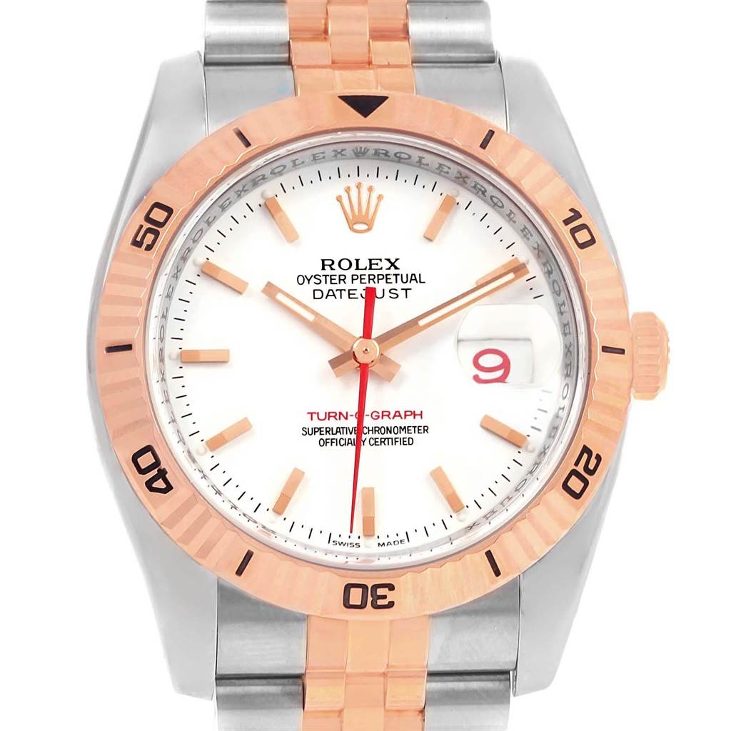 The image shows a front view of a Rolex Turn-o-Graph 116261 Men
s Stainless Steel White Dial 116261 Men
s Stainless Steel White Dial watch featuring its dial, bezel, hands, and bracelet.