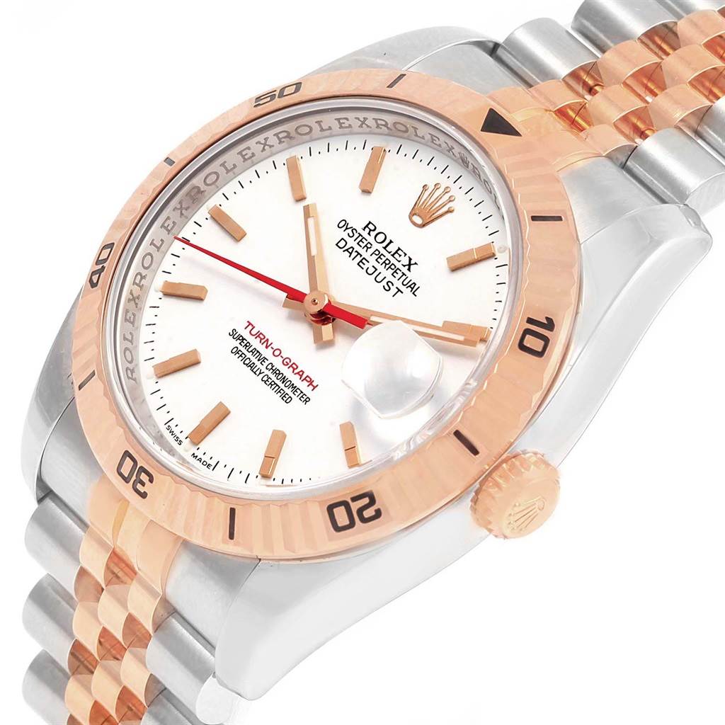 This Rolex Turn-o-Graph 116261 Men
s Stainless Steel White Dial 116261 Men
s Stainless Steel White Dial watch is shown at an angled view, highlighting the face, bezel, crown, and part of the bracelet.