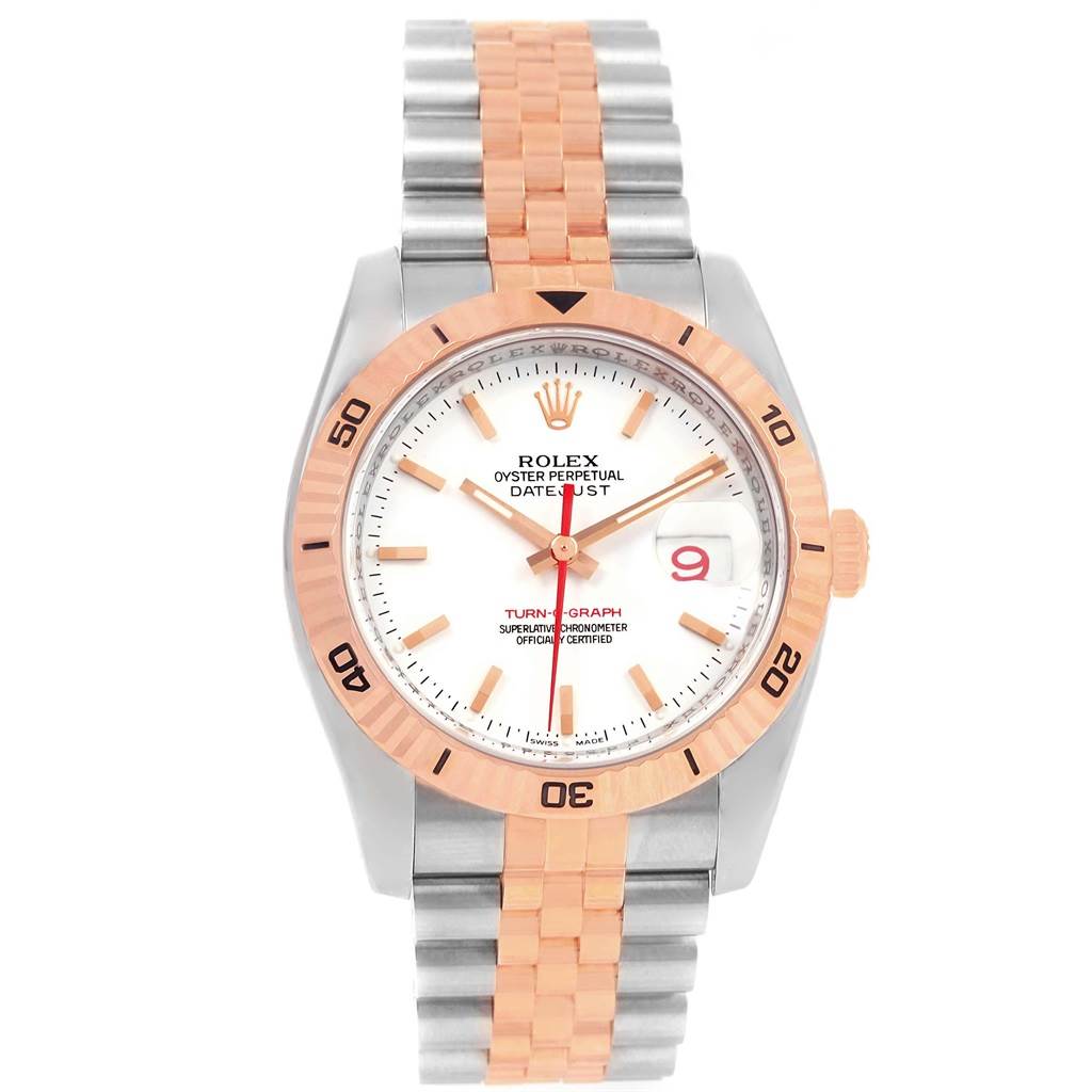 This image shows a front view of a Rolex Turn-o-Graph 116261 Men
s Stainless Steel White Dial 116261 Men
s Stainless Steel White Dial watch displaying its face, bezel, and two-tone bracelet.