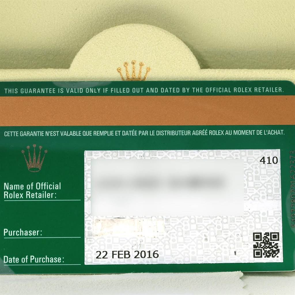 The image shows the warranty card for a Rolex Turn-o-Graph 116261 Men
s Stainless Steel White Dial 116261 Men
s Stainless Steel White Dial watch, detailing the purchase date and retailer information.