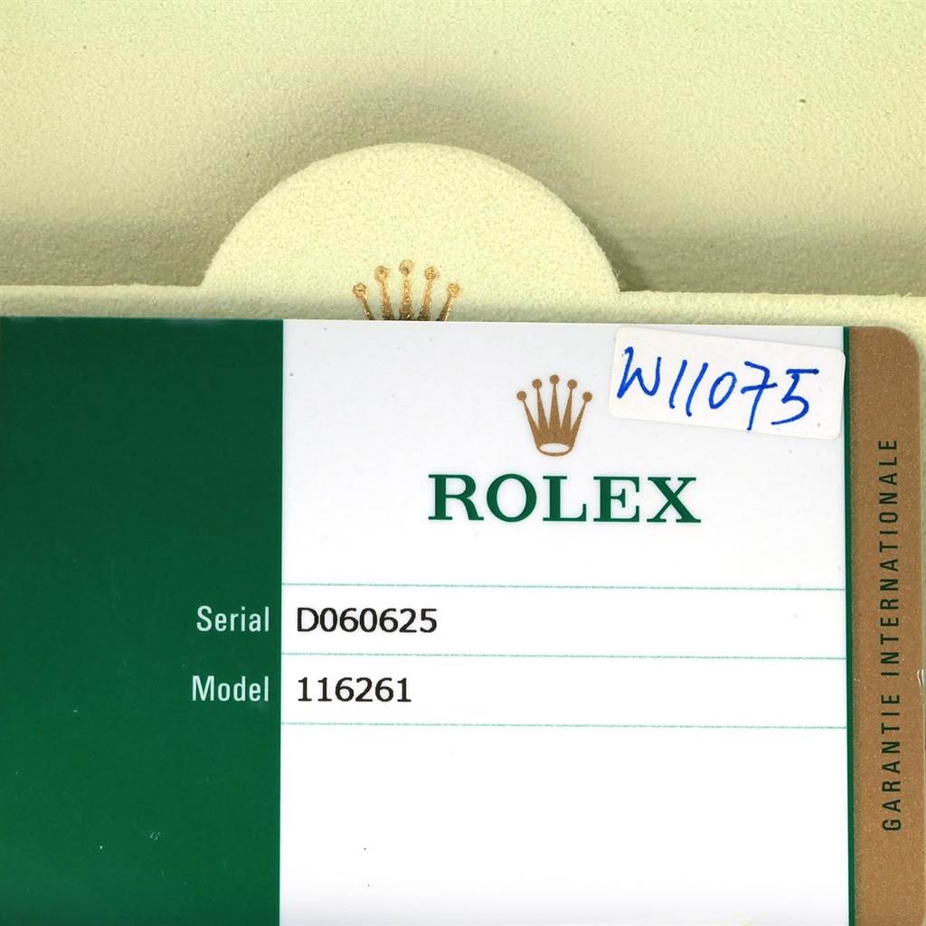 The image shows the serial number and model number of a Rolex Turn-o-Graph 116261 Men
s Stainless Steel White Dial 116261 Men
s Stainless Steel White Dial, model 116261, on an Best Quality
ity card.