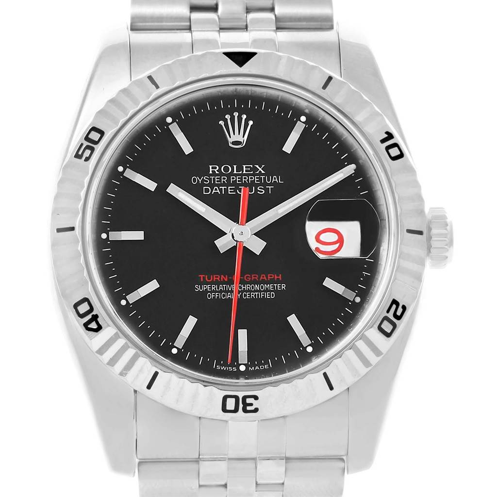This is a frontal view of the Rolex Turn-o-Graph 116264 Men
s Stainless Steel Black Dial 116264 Men
s Stainless Steel Black Dial watch displaying the dial, bezel, bracelet, crown, and date window.