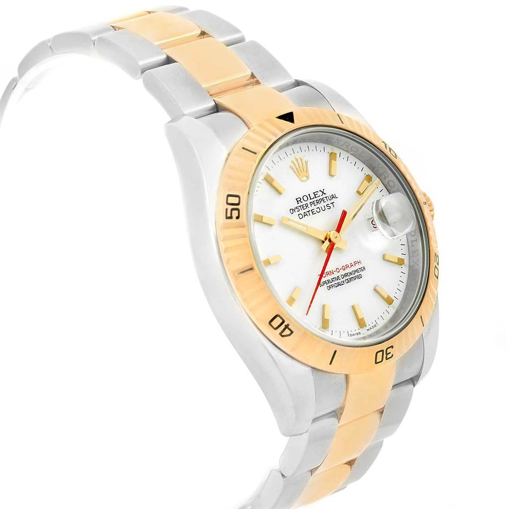 This image shows a side-angle view of the Rolex Turn-o-Graph 116263 Men's Stainless Steel White Dial 116263 Men's Stainless Steel White Dial watch, highlighting the bracelet, bezel, and face.