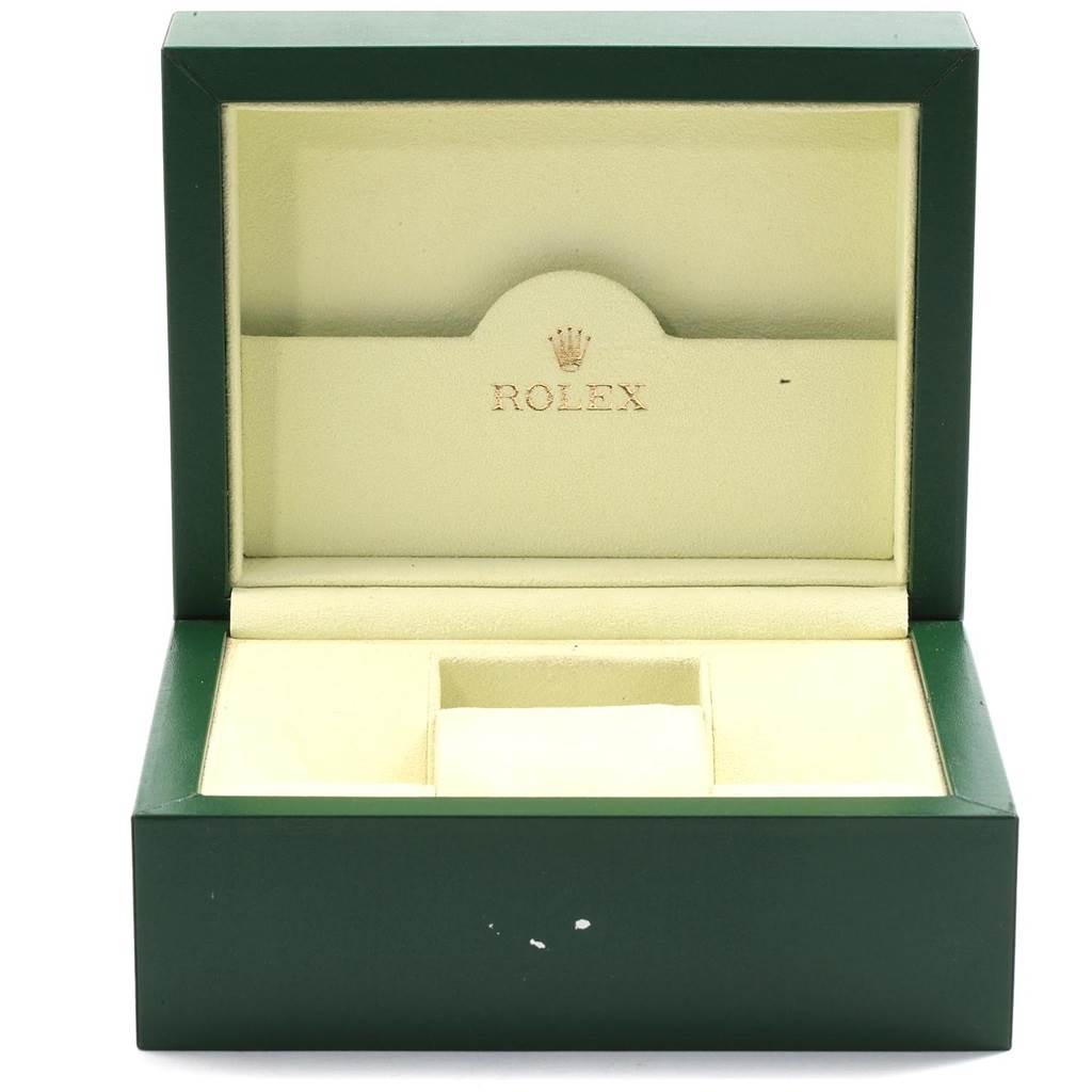 The image shows an open green and beige Rolex watch box for a Turn-o-Graph model, viewed from the front angle.