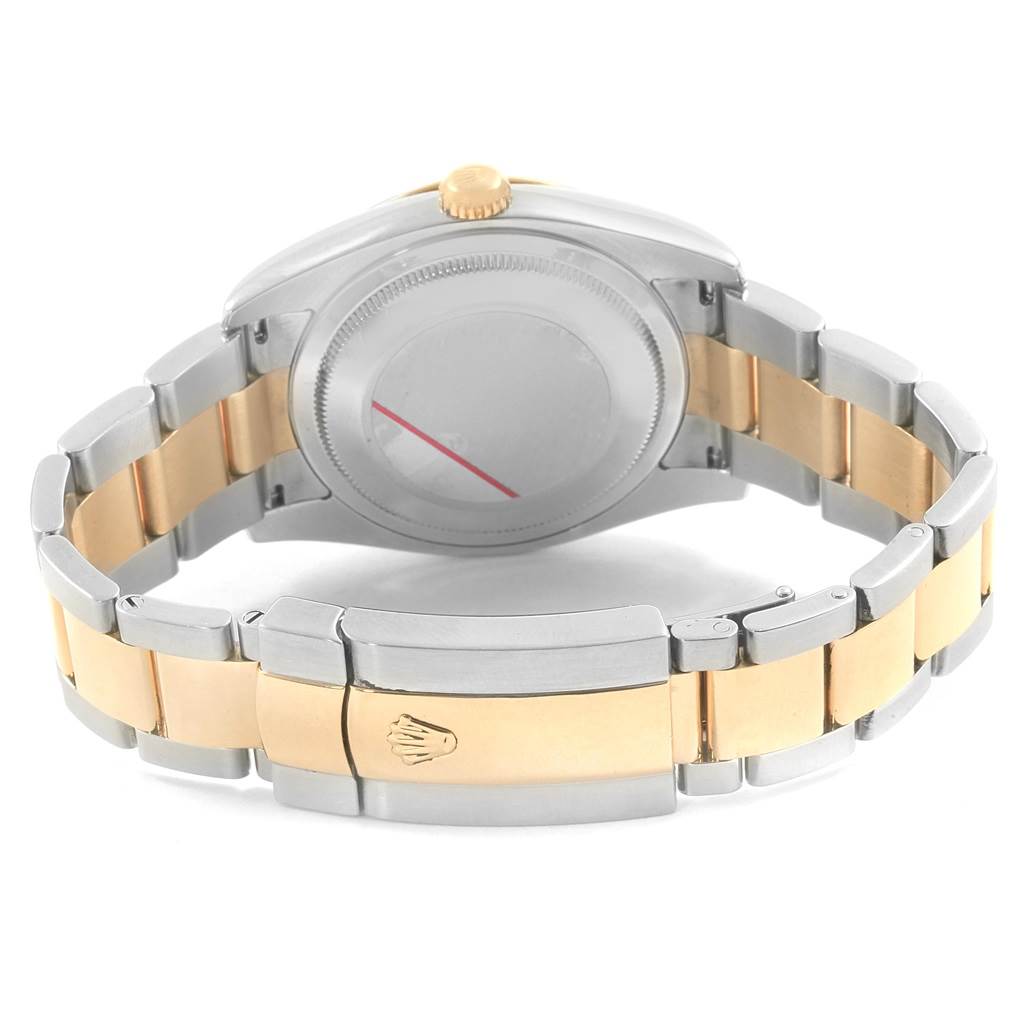 The image shows the back view of a Rolex Turn-o-Graph 116263 Men's Stainless Steel White Dial 116263 Men's Stainless Steel White Dial watch, highlighting its two-tone bracelet and clasp.