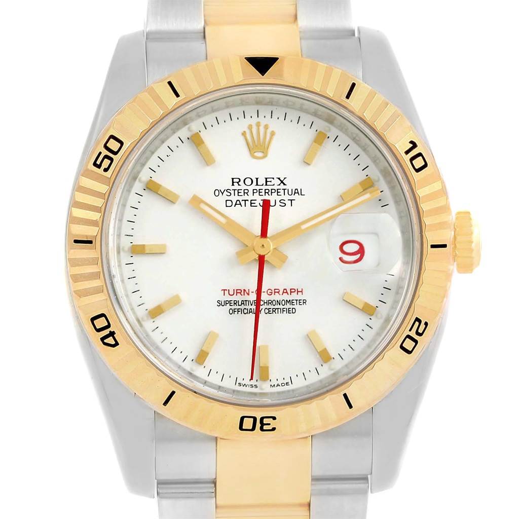 The image shows a front view of a Rolex Turn-o-Graph 116263 Men's Stainless Steel White Dial 116263 Men's Stainless Steel White Dial watch, highlighting the bezel, dial, and part of the bracelet.