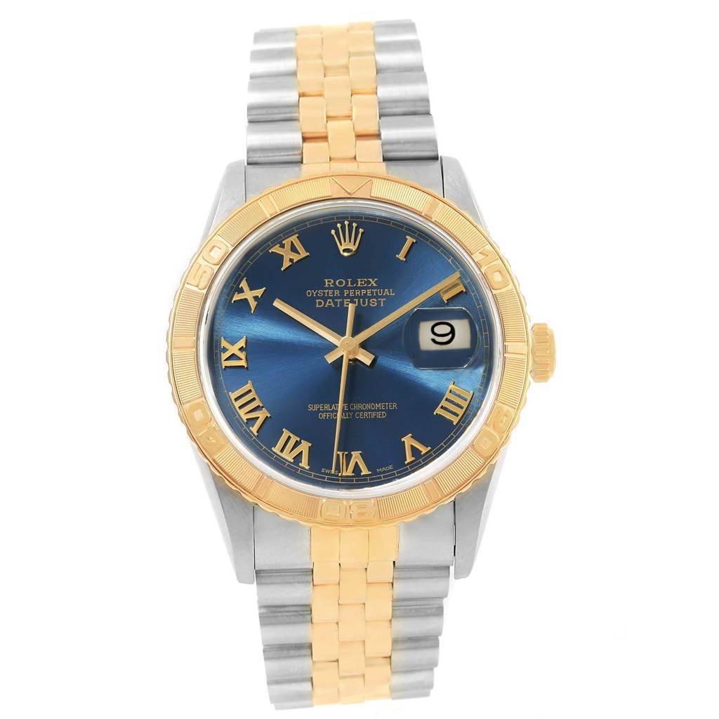 The image shows a front view of a Rolex Turn-o-Graph 16263 Men's Steel and Gold (two tone) Blue Dial 16263 Men's Steel and Gold (two tone) Blue Dial watch, featuring a gold bezel and blue dial with a two-tone bracelet.