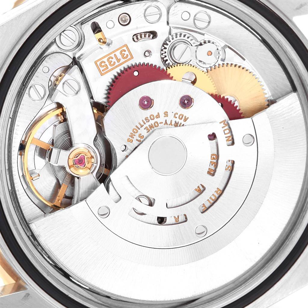 This image shows the inner mechanism of a Rolex Turn-o-Graph 16263 Men's Steel and Gold (two tone) Blue Dial 16263 Men's Steel and Gold (two tone) Blue Dial model, viewed from the back.