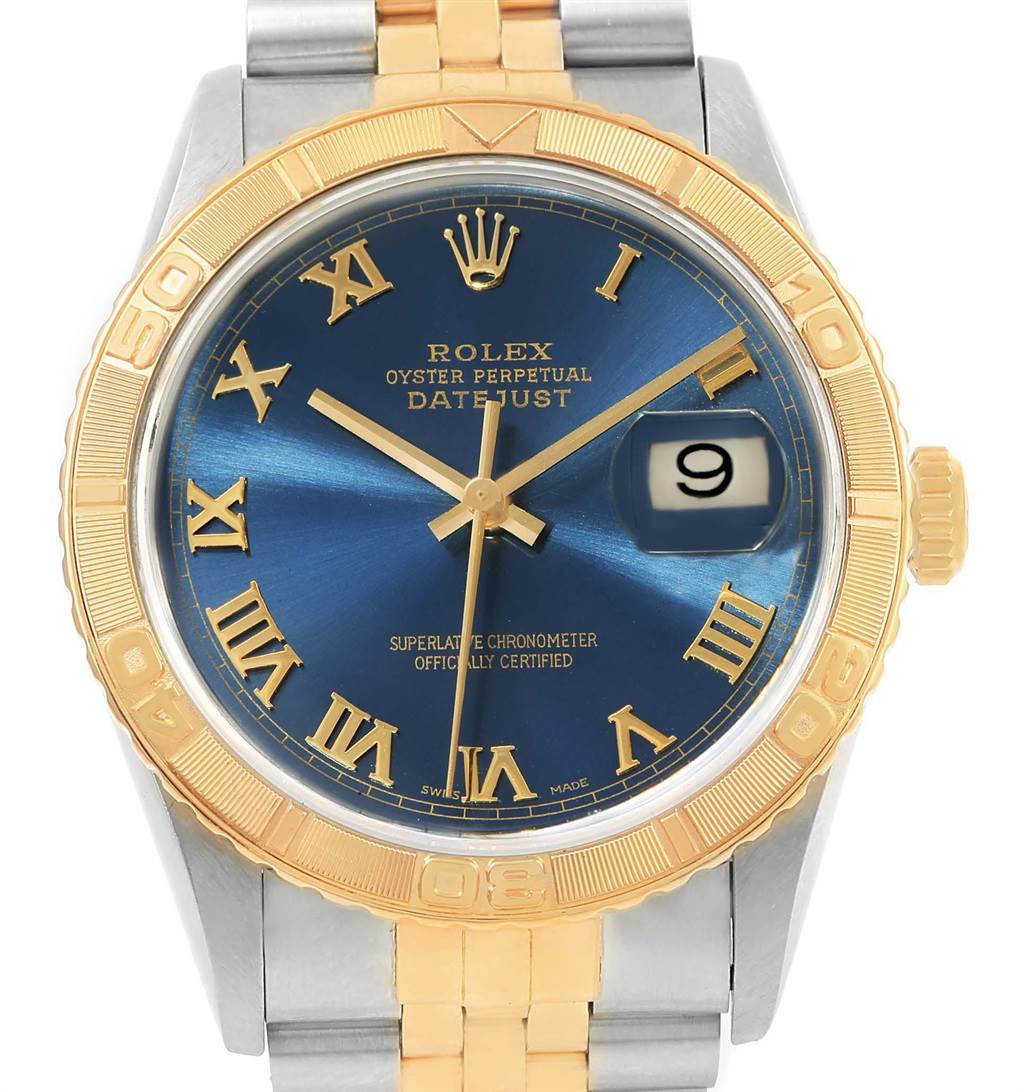 This image shows a front view of the Rolex Turn-o-Graph 16263 Men's Steel and Gold (two tone) Blue Dial 16263 Men's Steel and Gold (two tone) Blue Dial Oyster Perpetual Datejust watch, highlighting its face, bezel, and partial bracelet.