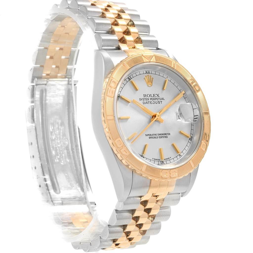 The image shows a side angle of the Rolex Turn-o-Graph 16263 Men's Steel and Gold (two tone) Silver Dial 16263 Men's Steel and Gold (two tone) Silver Dial watch, highlighting its two-tone bracelet and face.
