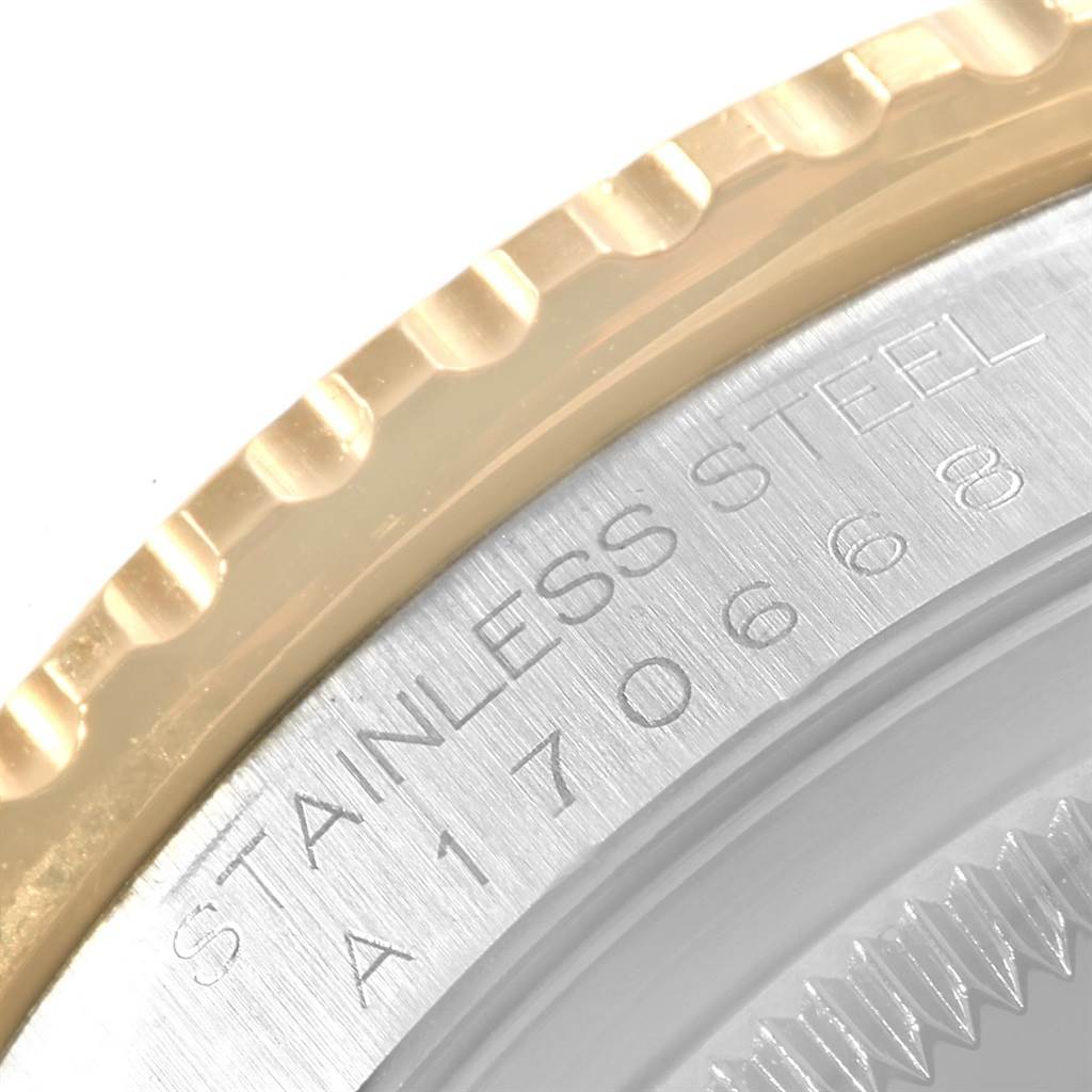 The image shows a close-up of the stainless steel case back and gold bezel of a Rolex Turn-o-Graph 16263 Men's Steel and Gold (two tone) Silver Dial 16263 Men's Steel and Gold (two tone) Silver Dial watch.