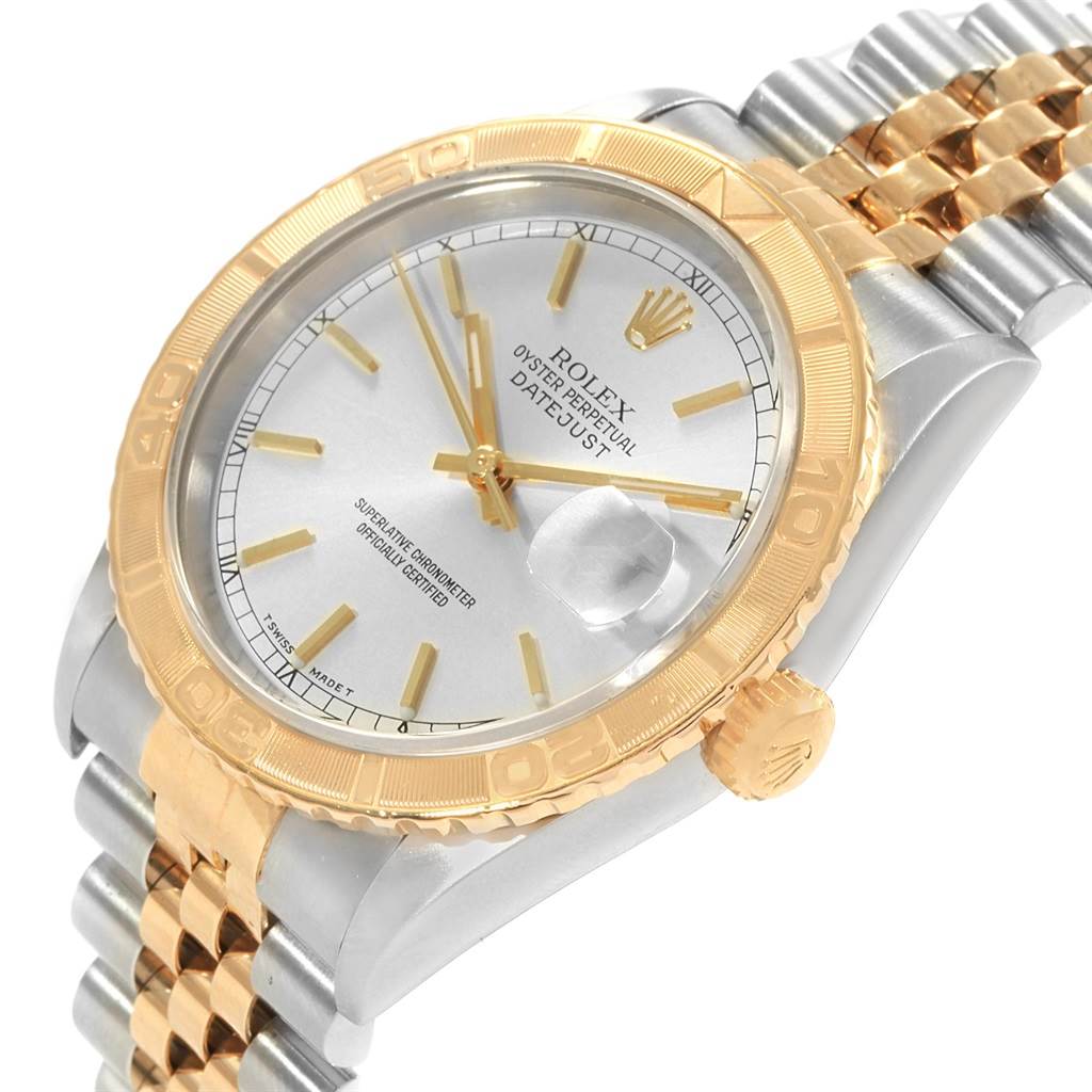The image shows a Rolex Turn-o-Graph 16263 Men's Steel and Gold (two tone) Silver Dial 16263 Men's Steel and Gold (two tone) Silver Dial watch at a slight angle, highlighting the two-tone bezel, dial, and jubilee bracelet.