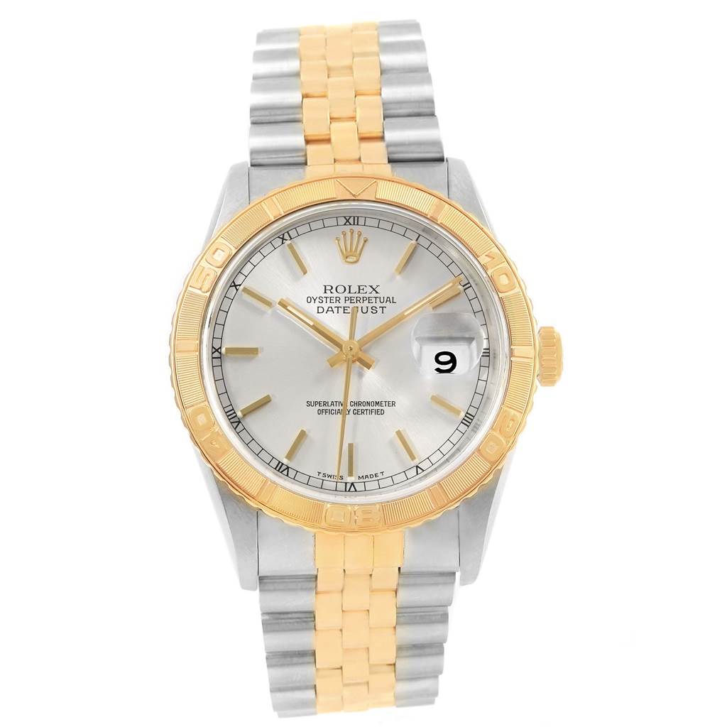 The image shows a front view of a Rolex Turn-o-Graph 16263 Men's Steel and Gold (two tone) Silver Dial 16263 Men's Steel and Gold (two tone) Silver Dial watch, highlighting the dial, bezel, hands, and two-tone bracelet.