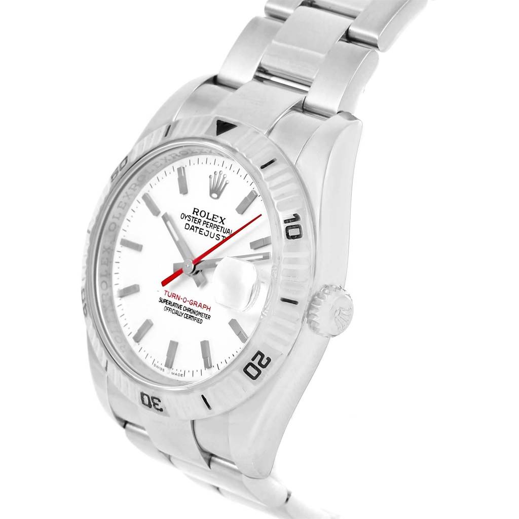 The image shows a side view angle of a Rolex Turn-o-Graph 116264 Men's Stainless Steel White Dial 116264 Men's Stainless Steel White Dial watch, highlighting the face, bezel, and part of the bracelet.