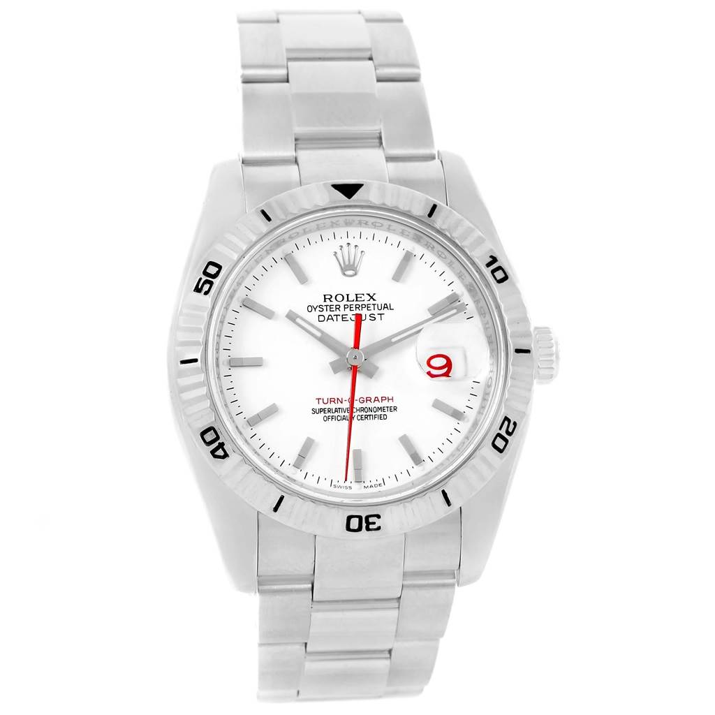 The image shows a Rolex Turn-o-Graph 116264 Men's Stainless Steel White Dial 116264 Men's Stainless Steel White Dial watch, captured from a top-down angle, displaying the entire face and bracelet.