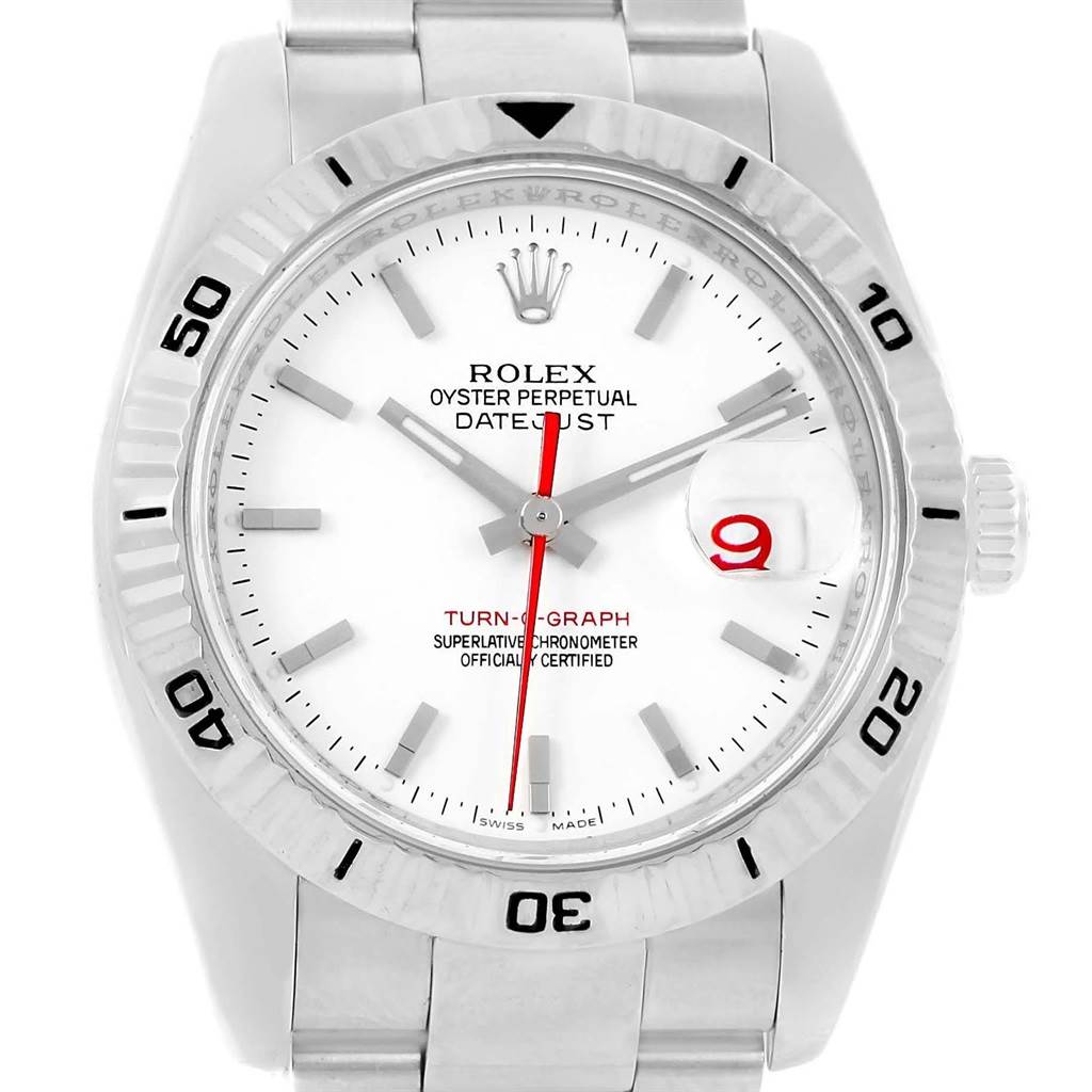 The image shows the front view of a Rolex Turn-o-Graph 116264 Men's Stainless Steel White Dial 116264 Men's Stainless Steel White Dial watch, including the dial, bezel, and part of the bracelet.