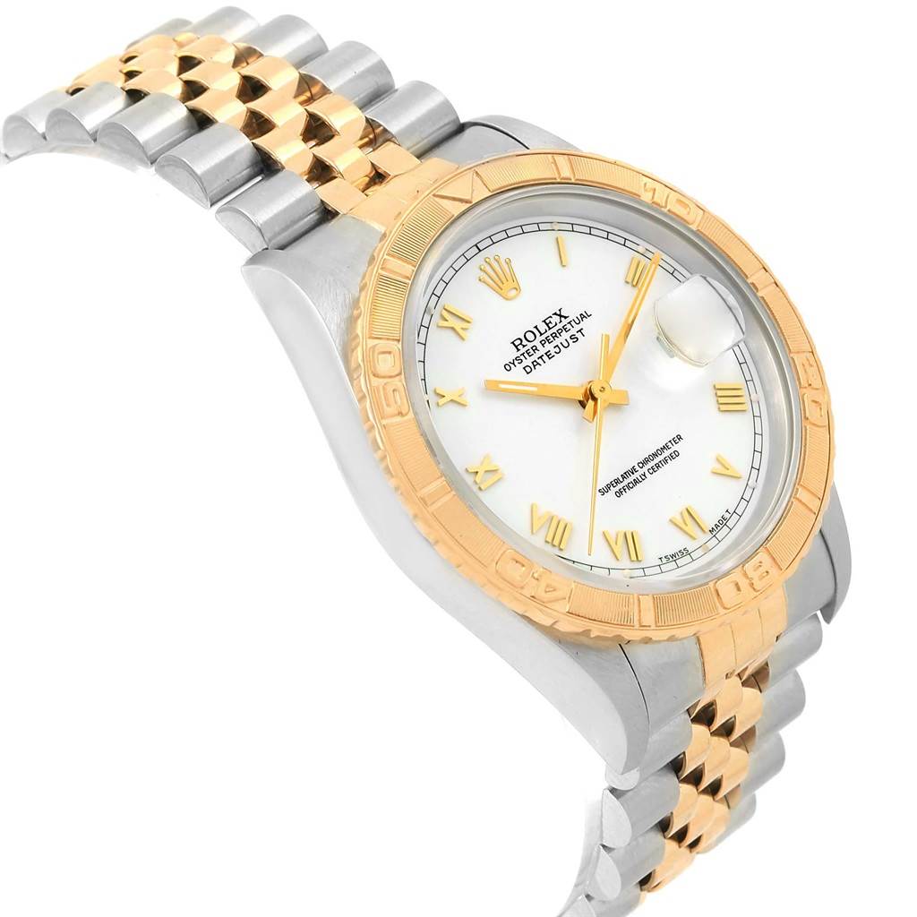 The image shows a Rolex Turn-o-Graph 16263 Men's Steel and Gold (two tone) White Dial 16263 Men's Steel and Gold (two tone) White Dial model watch at a slight angle, highlighting its gold bezel, white dial, and metal bracelet.