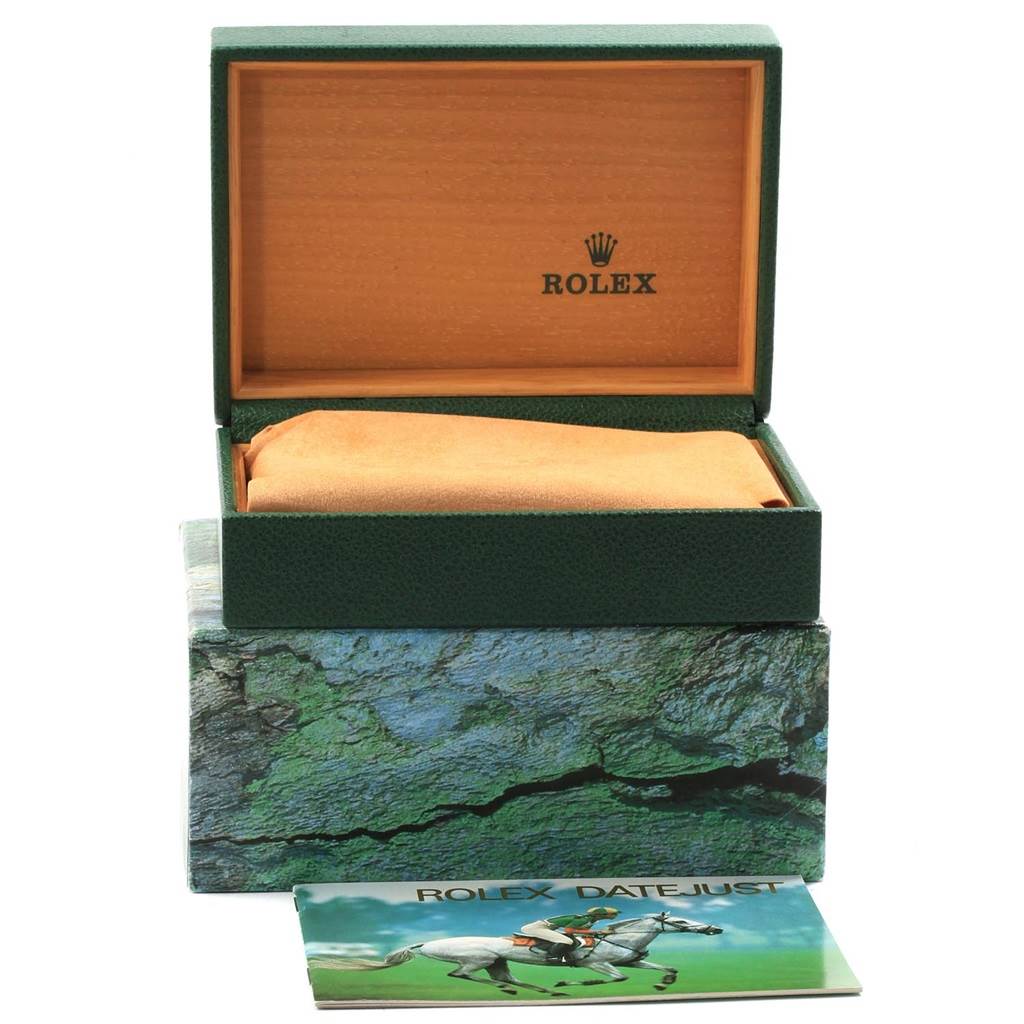 The image shows the Rolex Turn-o-Graph 16263 Men's Steel and Gold (two tone) White Dial 16263 Men's Steel and Gold (two tone) White Dial watch box, an outer case, and a Rolex Datejust booklet.