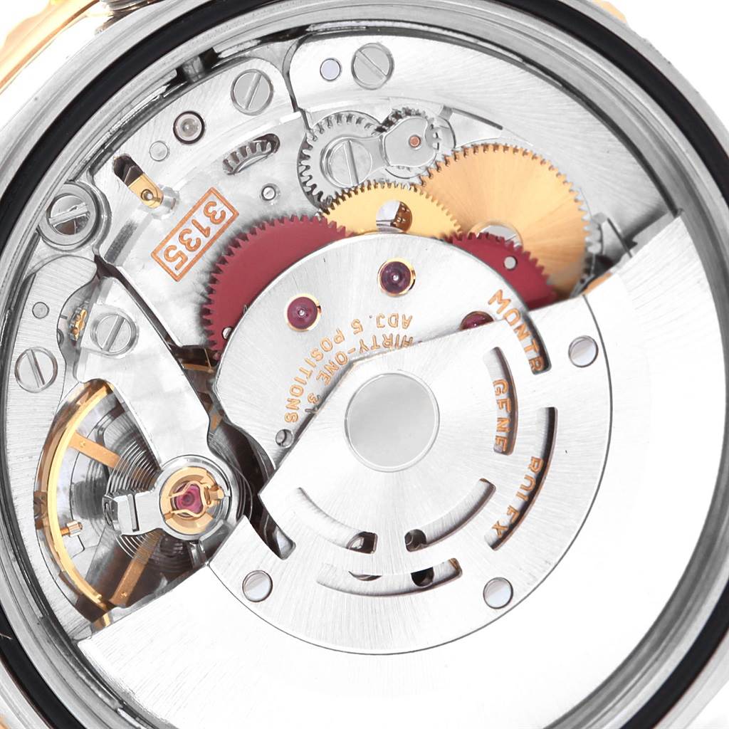 The image shows the intricate movement and internal mechanism of a Rolex Turn-o-Graph 16263 Men's Steel and Gold (two tone) White Dial 16263 Men's Steel and Gold (two tone) White Dial watch viewed from the back.