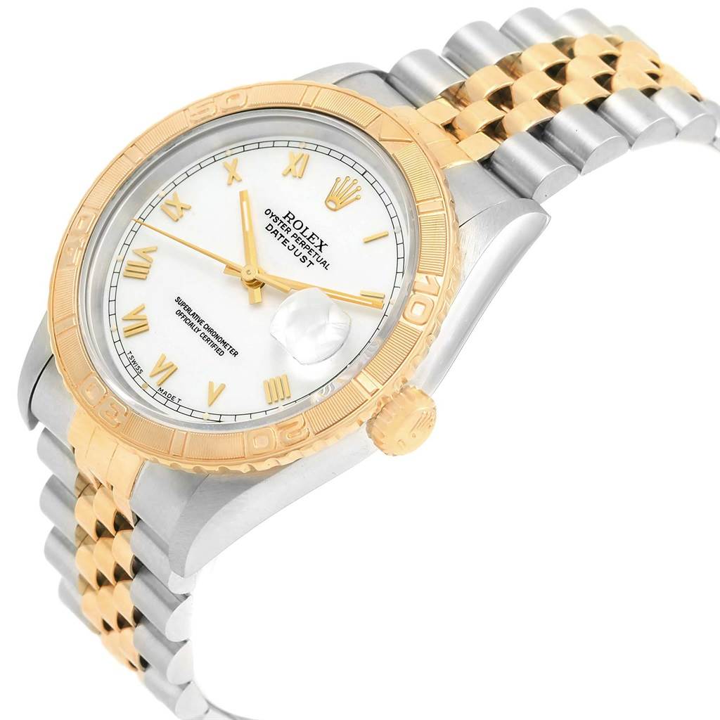 This image shows a Rolex Turn-o-Graph 16263 Men's Steel and Gold (two tone) White Dial 16263 Men's Steel and Gold (two tone) White Dial watch angled to display the face, bezel, crown, and part of the bracelet.