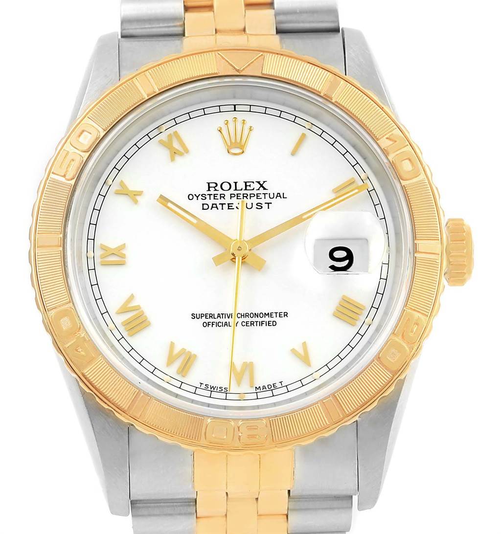 The image shows a front view of a Rolex Turn-o-Graph 16263 Men's Steel and Gold (two tone) White Dial 16263 Men's Steel and Gold (two tone) White Dial watch, highlighting the dial, bezel, and bracelet.