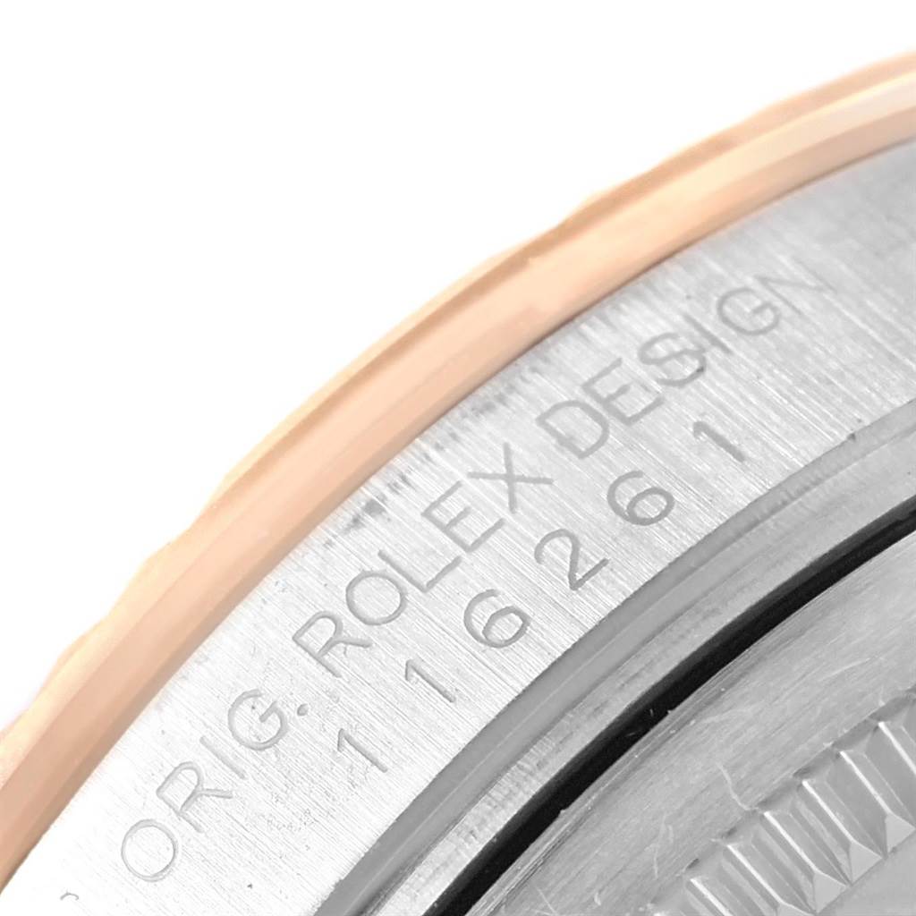 This close-up image shows the side and bezel of a Rolex Turn-o-Graph 116261 Men's Stainless Steel Black Dial 116261 Men's Stainless Steel Black Dial watch, highlighting the engraved model number.