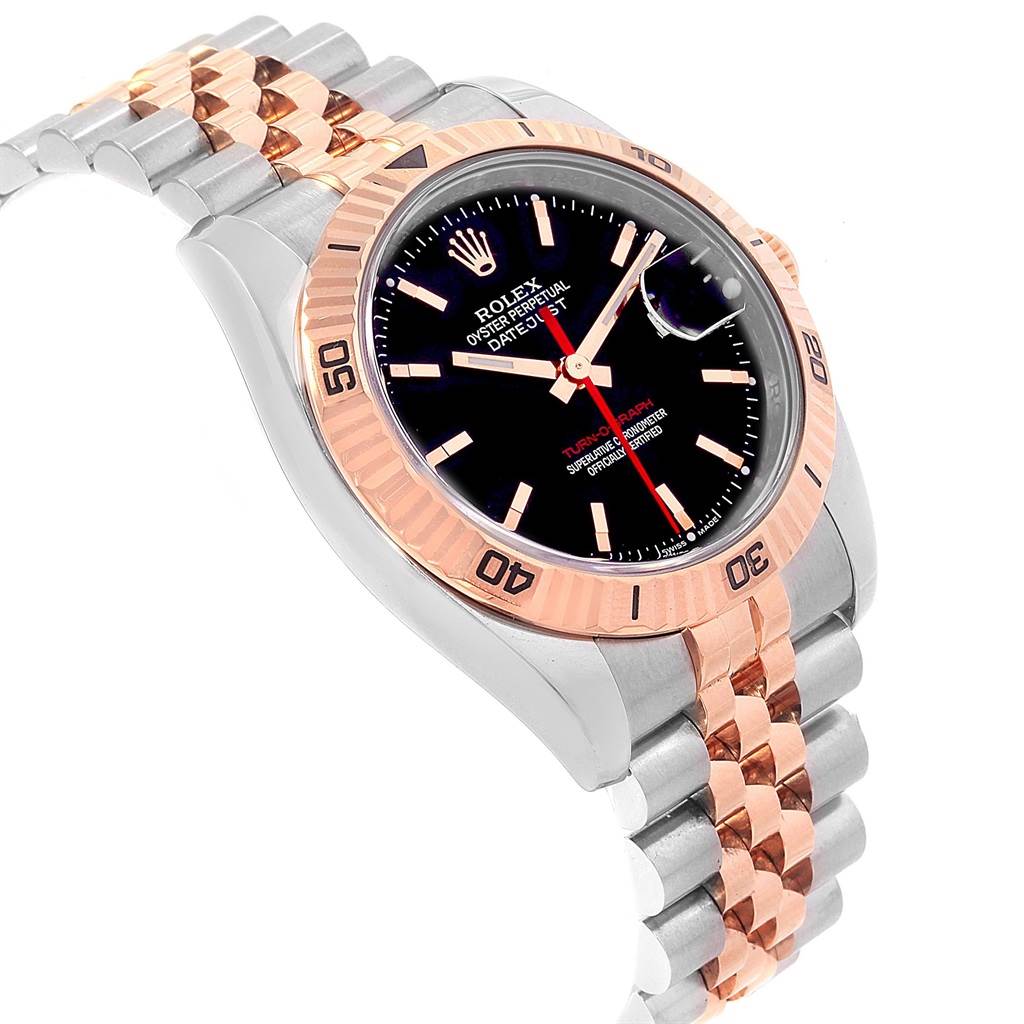 The image shows a Rolex Turn-o-Graph 116261 Men's Stainless Steel Black Dial 116261 Men's Stainless Steel Black Dial watch from an upper-left angle, highlighting its bezel, dial, and two-tone bracelet.