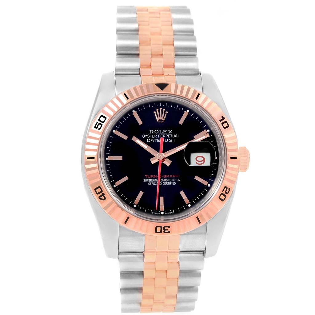 This image shows a Rolex Turn-o-Graph 116261 Men's Stainless Steel Black Dial 116261 Men's Stainless Steel Black Dial watch from a front angle, displaying its face, bezel, and bracelet.