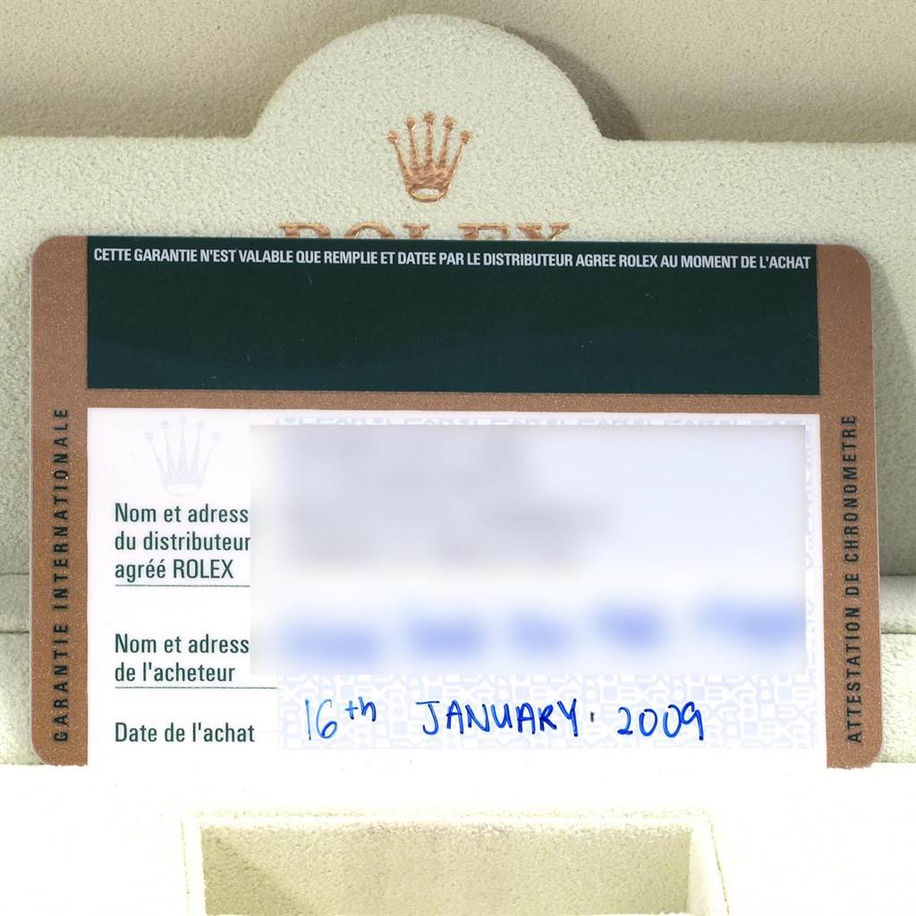 This image shows the warranty card and packaging of a Rolex Turn-o-Graph 116261 Men's Stainless Steel Black Dial 116261 Men's Stainless Steel Black Dial watch with the purchase date of January 16th, 2009.