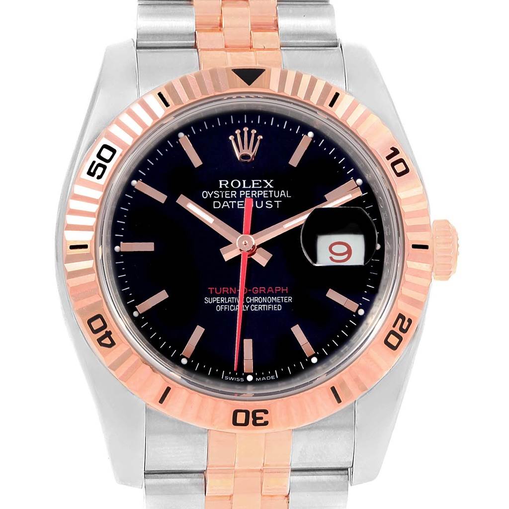 The image shows a front view of a Rolex Turn-o-Graph 116261 Men's Stainless Steel Black Dial 116261 Men's Stainless Steel Black Dial watch featuring a two-tone bracelet and a black dial with a date window at 3 o'clock.