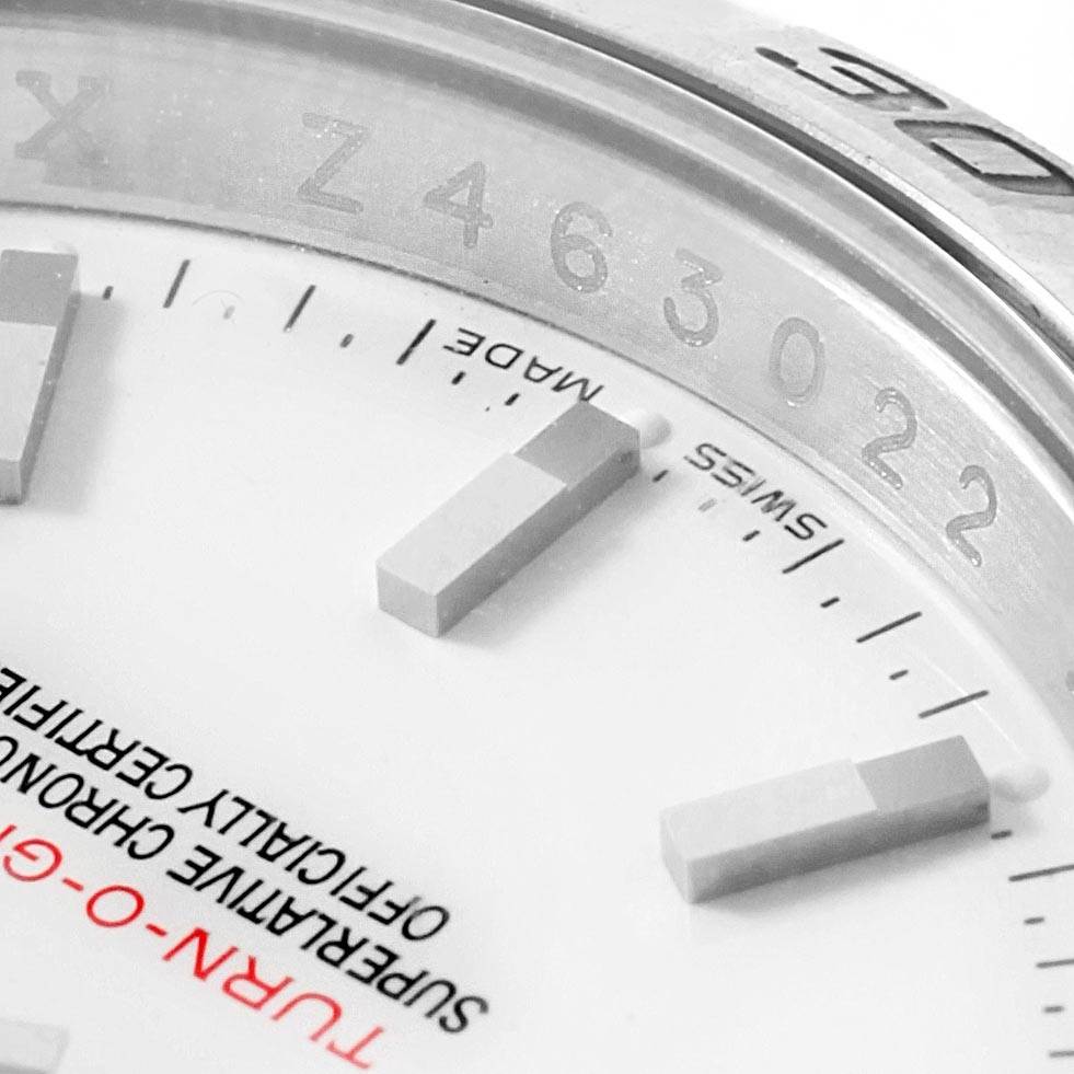 The image shows a close-up of the dial, bezel, and serial number of a Rolex Turn-o-Graph 116264 Men's Stainless Steel White Dial 116264 Men's Stainless Steel White Dial watch.