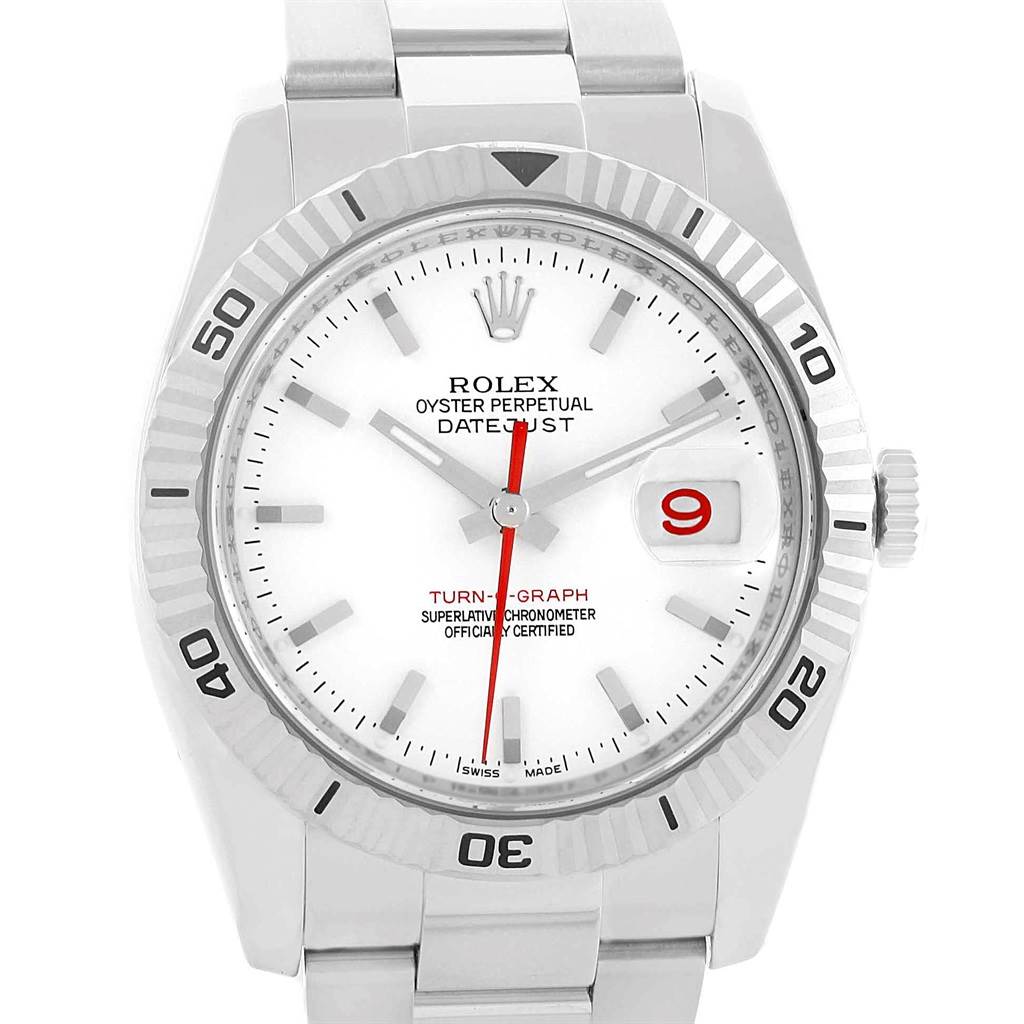 The image shows a front view of the Rolex Turn-o-Graph 116264 Men's Stainless Steel White Dial 116264 Men's Stainless Steel White Dial watch, displaying the white dial, bezel, and part of the bracelet.