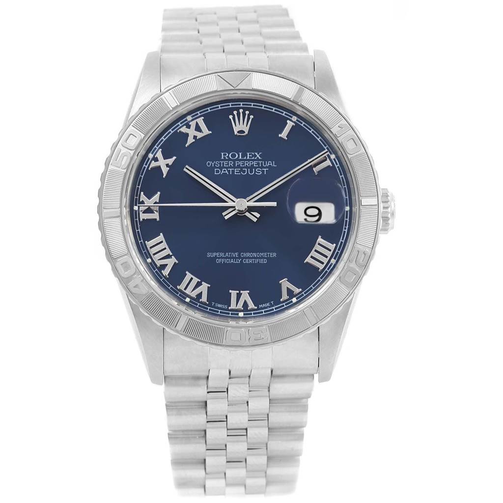 The image shows a front view of a Rolex Turn-o-Graph 16264 Men
s Stainless Steel Blue Dial 16264 Men
s Stainless Steel Blue Dial watch, featuring its face, bezel, and bracelet.