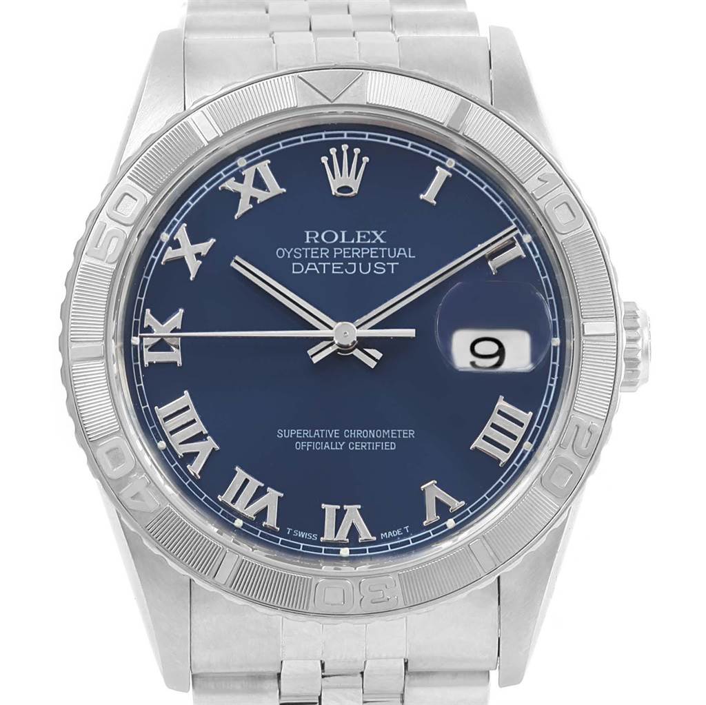 The image shows a front view of a Rolex Turn-o-Graph 16264 Men
s Stainless Steel Blue Dial 16264 Men
s Stainless Steel Blue Dial watch, highlighting its blue dial, Roman numerals, and date window at 3 o
clock.