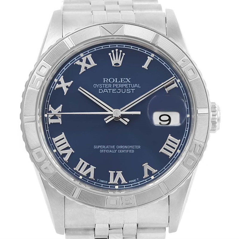 Rolex Turnograph Datejust Steel White Gold Blue Roman Dial Watch 16264 SwissWatchExpo
