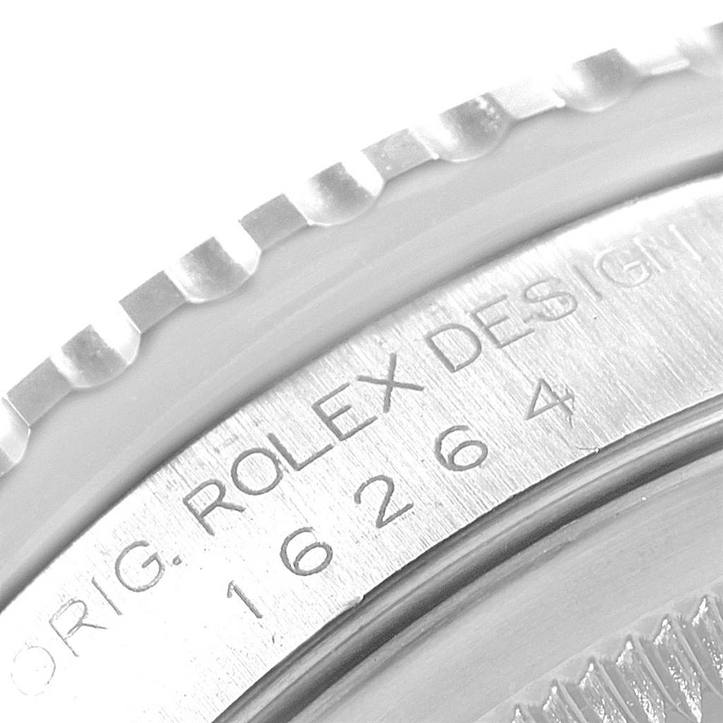 This image shows a close-up of the bezel and engraved model number 16264 on the Rolex Turn-o-Graph 16264 Men
s Stainless Steel Blue Dial 16264 Men
s Stainless Steel Blue Dial watch.
