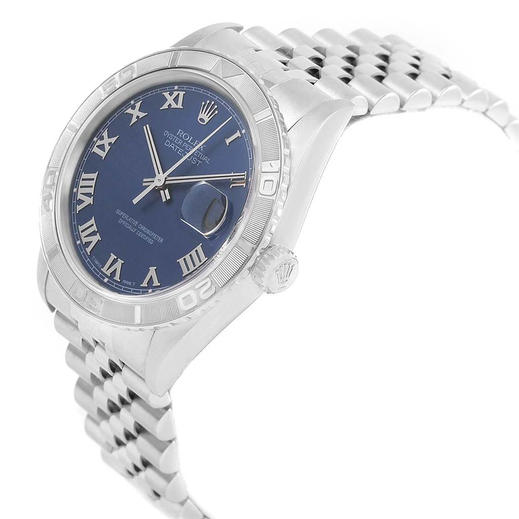 This image shows a side angle of the Rolex Turn-o-Graph 16264 Men
s Stainless Steel Blue Dial 16264 Men
s Stainless Steel Blue Dial watch, featuring its face, bezel, crown, and part of the bracelet.