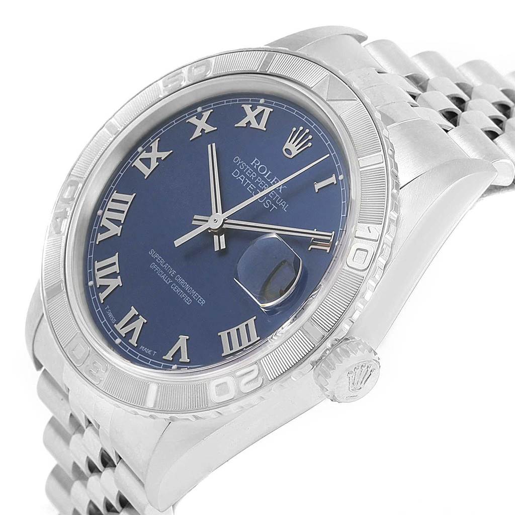 This Rolex Turn-o-Graph 16264 Men
s Stainless Steel Blue Dial 16264 Men
s Stainless Steel Blue Dial watch is shown from an angled side view, displaying the dial, bezel, crown, and part of the bracelet.