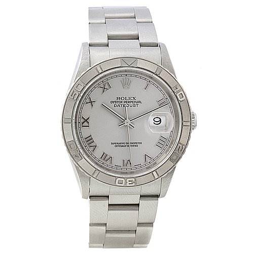 This image shows a front view of a Rolex Turn-o-Graph 16264 Men's Stainless Steel Grey Dial 16264 Men's Stainless Steel Grey Dial watch, highlighting its dial, bezel, bracelet, and date window.
