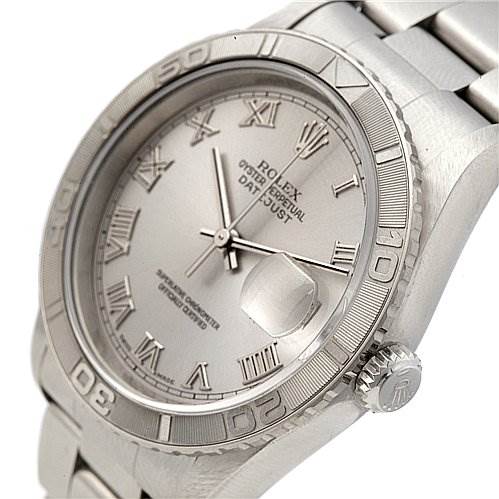 This image shows a close-up of the Rolex Turn-o-Graph 16264 Men's Stainless Steel Grey Dial 16264 Men's Stainless Steel Grey Dial, highlighting its face, bezel, crown, and part of the bracelet.