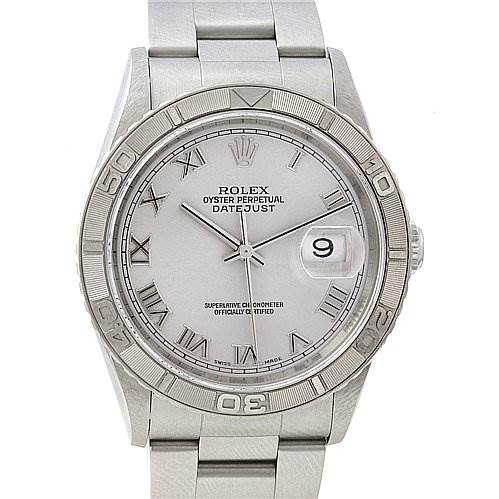 The image shows a front view of a Rolex Turn-o-Graph 16264 Men's Stainless Steel Grey Dial 16264 Men's Stainless Steel Grey Dial Oyster Perpetual Datejust watch, highlighting its face, bezel, and bracelet.